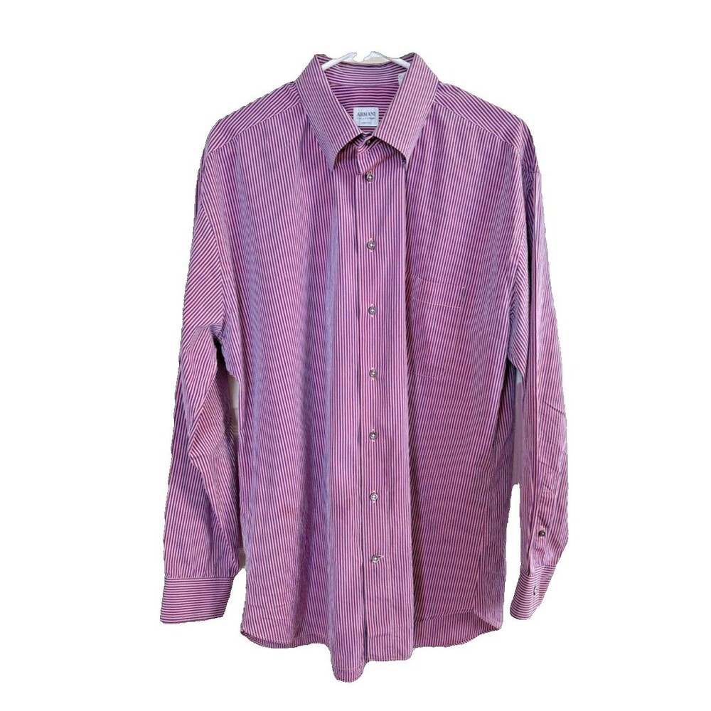 Armani Collezioni Men's Large Pink Navy Striped Dress Shirt Made in Italy Cotton